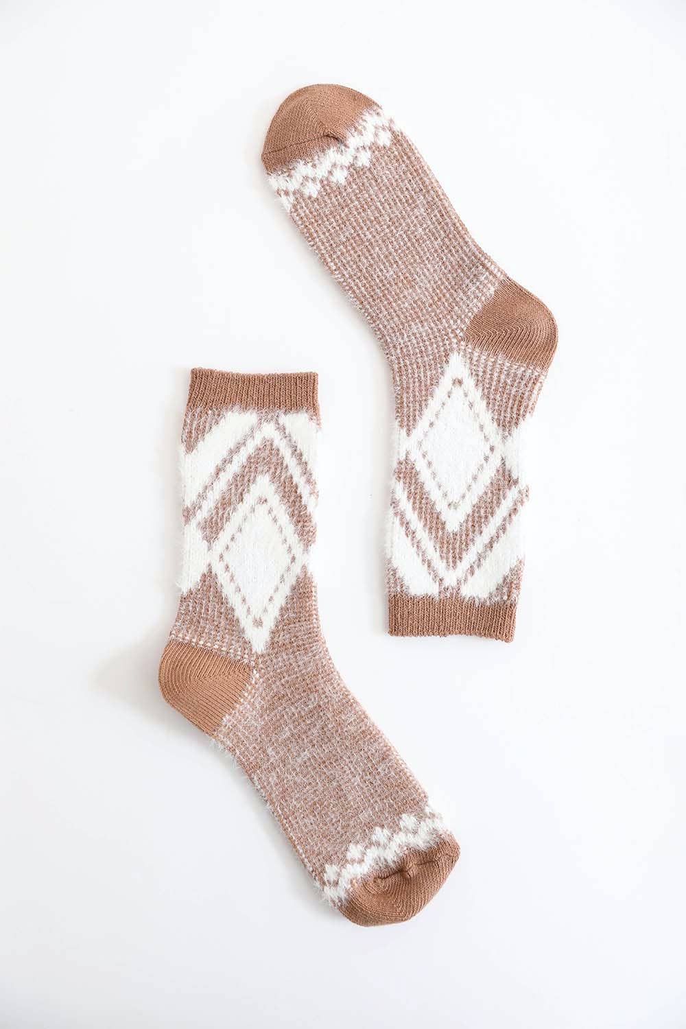 Faux Mohair Diamond Pattern Socks |Camel