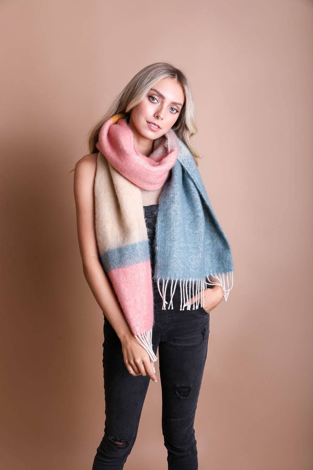 Color Block Faux Mohair Scarf | Blue/Oatmeal