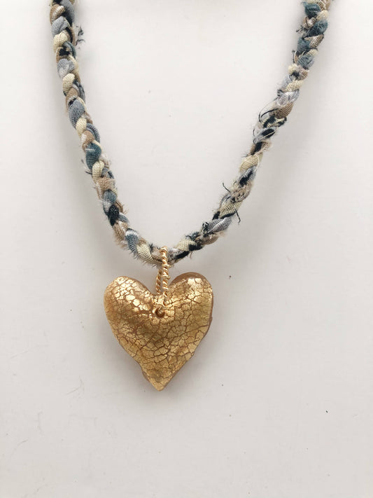 Cream Bandana with Gold Leafed Heart Necklace