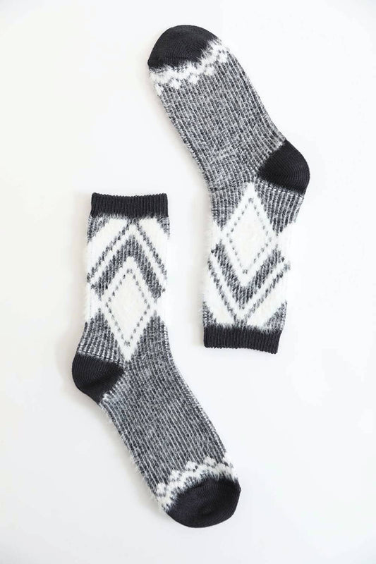 Faux Mohair Diamond Pattern Socks| Black