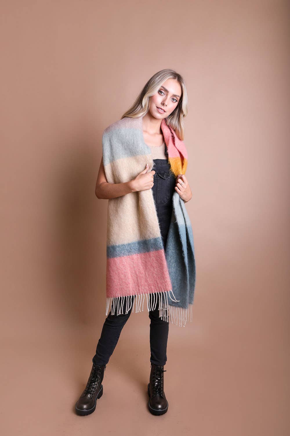 Color Block Faux Mohair Scarf | Blue/Oatmeal