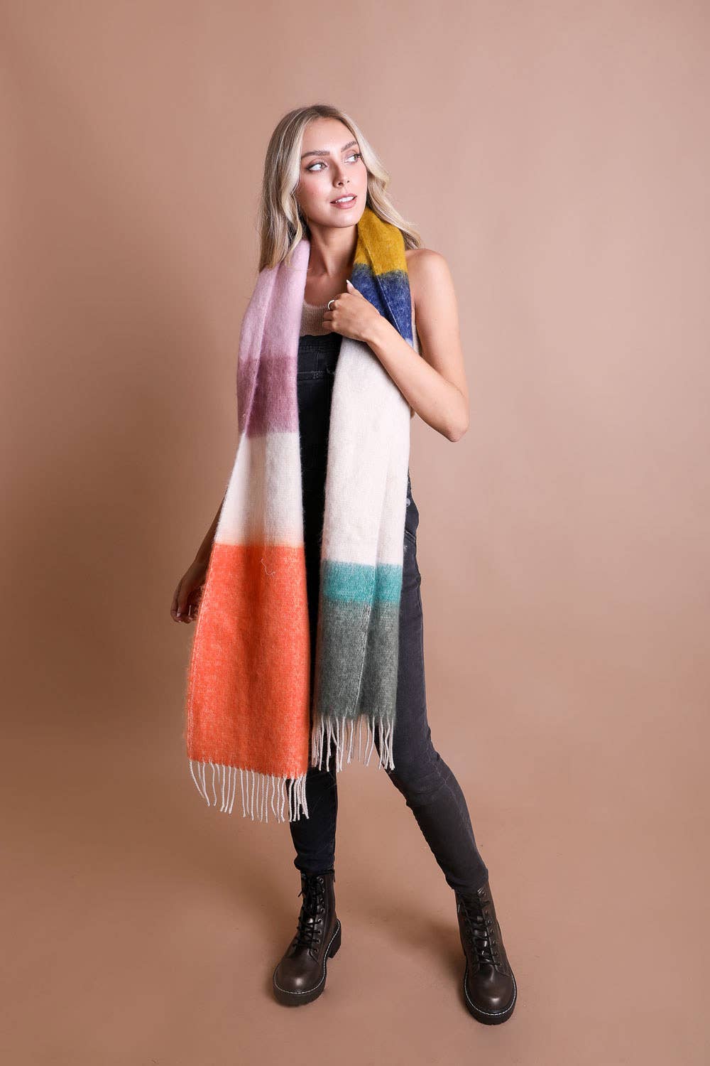 Color Block Faux Mohair Scarf| Green+ Orange