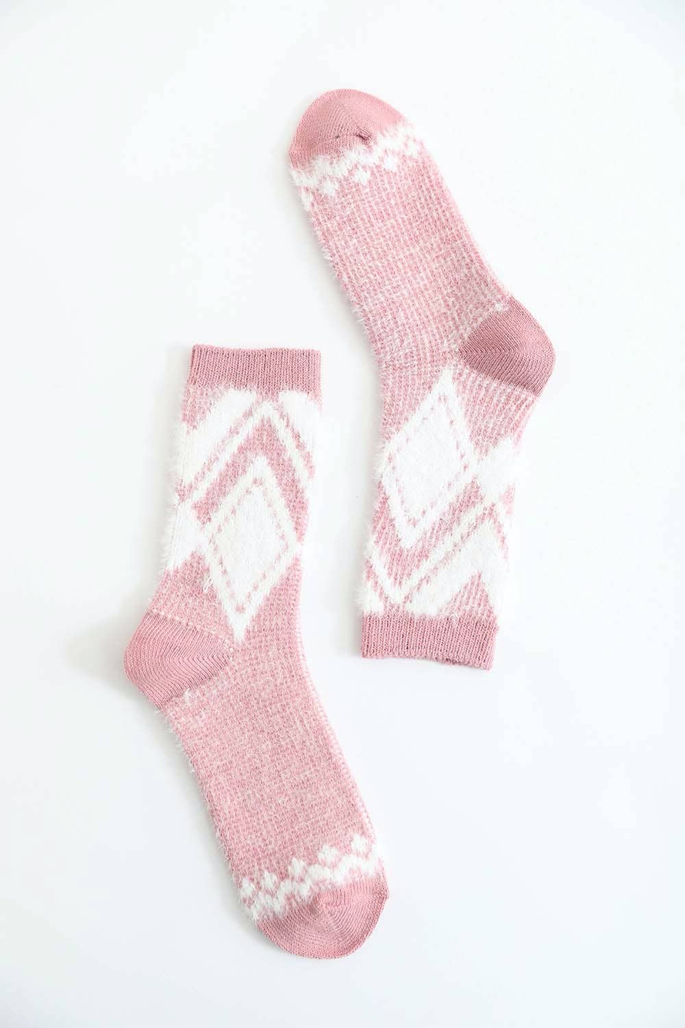 Faux Mohair Diamond Pattern Socks|Pink