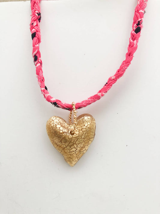 Hot Pink Bandana with Gold LeafedHeart Necklace 