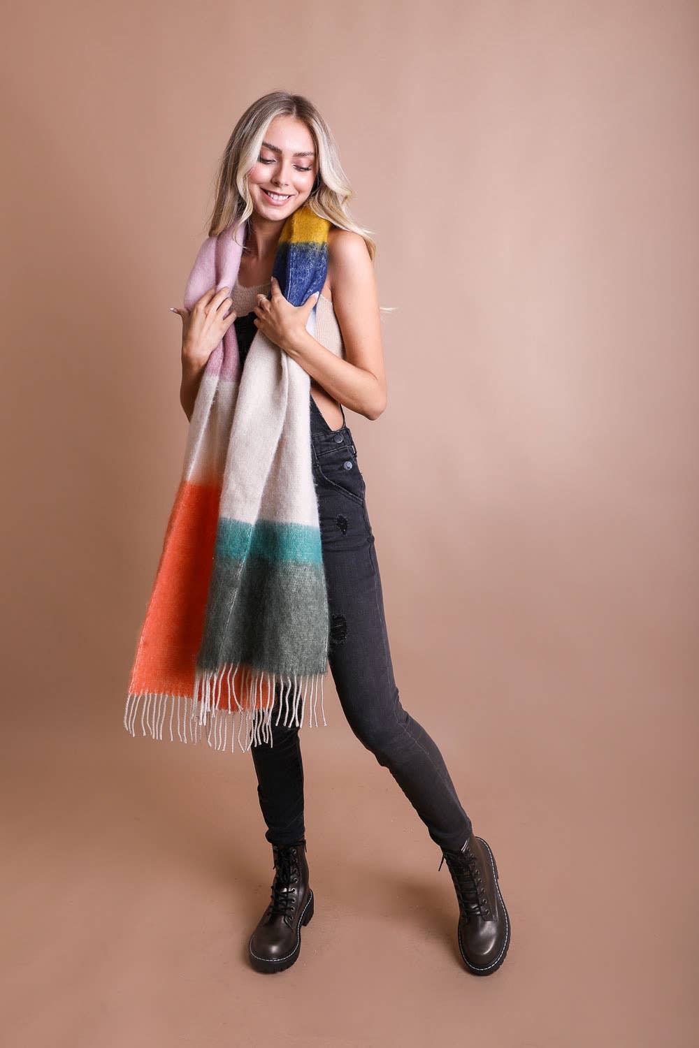 Color Block Faux Mohair Scarf| Green+ Orange