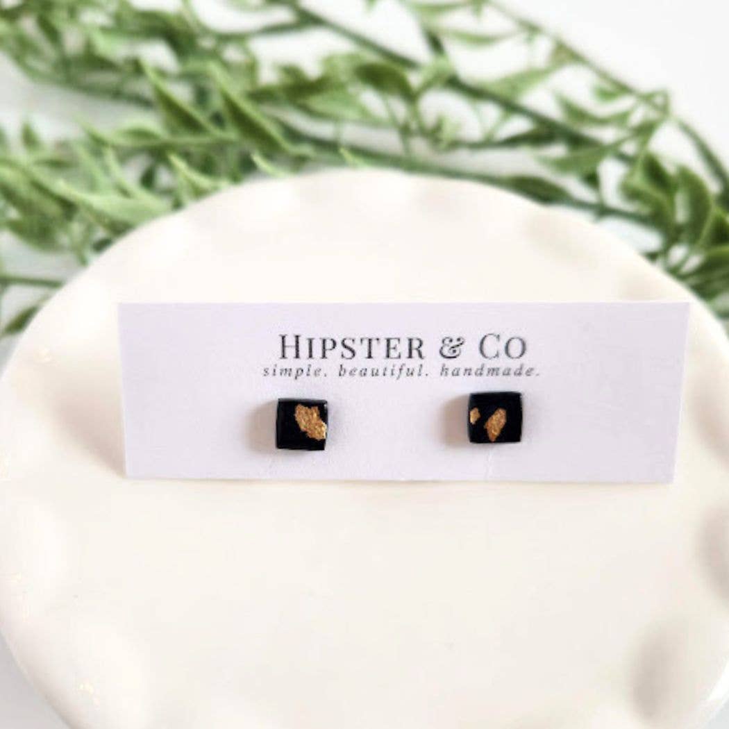 Black and Gold Square Stud Earrings