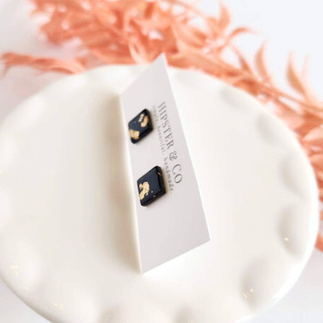 Black and Gold Square Stud Earrings