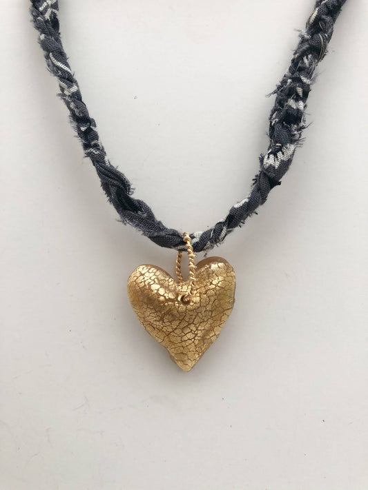 Charcoal Bandana with Gold Leafed Heart Necklace